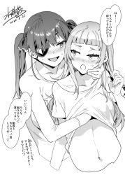 Rule 34 | 2girls, alternate costume, bad id, bad twitter id, behind another, blush, collarbone, eyepatch, grabbing, grabbing from behind, greyscale, hair ribbon, hand on another&#039;s face, hand under clothes, hashtag, hololive, houshou marine, long hair, looking at another, mizuryu kei, monochrome, multiple girls, murasaki shion, navel, open mouth, ribbon, shirt, signature, speech bubble, t-shirt, twintails, upper body, virtual youtuber, yuri