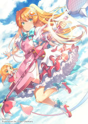 Rule 34 | 2girls, amiami (company), amico, aqua bow, aqua bowtie, blue sky, blush, bow, bowtie, cloud, day, dress, frilled dress, frills, green eyes, hair ornament, highres, holding, long hair, magical girl, multiple girls, official art, open mouth, orange hair, outdoors, pink bow, pink footwear, shoes, short sleeves, sky, smile, socks, sparkle, staff, two side up, very long hair, white socks, wrist cuffs, yumekui