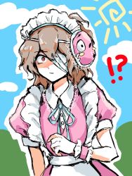 Rule 34 | !?, 1other, alternate costume, ametsukana yago, androgynous, apron, bandage over one eye, blue ribbon, brown hair, closed mouth, collared shirt, commentary request, dress, enmaided, hemo (hemoroda), len&#039;en, long hair, maid, maid apron, maid headdress, neck ribbon, outdoors, pink dress, puffy short sleeves, puffy sleeves, red eyes, ribbon, shirt, short sleeves, surprised, white apron, white shirt
