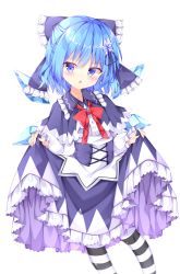Rule 34 | 1girl, :o, alternate costume, arms up, blue capelet, blue dress, blue eyes, blue hair, blush, bow, bowtie, capelet, cirno, clothes lift, commentary request, contrapposto, cropped legs, dress, gothic lolita, hair ornament, hair ribbon, head tilt, highres, lifting own clothes, lolita fashion, long sleeves, looking at viewer, pantyhose, partial commentary, petticoat, red bow, red bowtie, ribbon, sabana, short hair, simple background, skirt, skirt lift, solo, standing, star (symbol), star hair ornament, striped clothes, striped pantyhose, touhou, underbust, white background, wings