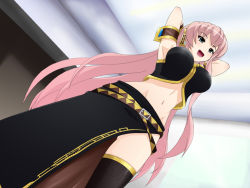 Rule 34 | 00s, 1girl, blue eyes, breasts, dutch angle, exercising, large breasts, long hair, mameshiba (pixiv 59310), megurine luka, navel, pink hair, smile, solo, standing, thighhighs, vocaloid