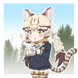 Rule 34 | 1girl, animal costume, animal ear fluff, animal ears, bow, bowtie, cat ears, cat girl, cat tail, cup, extra ears, forest, geoffroy&#039;s cat (kemono friends), green eyes, highres, holding, holding cup, kemono friends, kemono friends v project, kneehighs, long hair, looking at viewer, mabuta (mbt), nature, open mouth, ribbon, socks, solo, sweater, tail, twintails, virtual youtuber