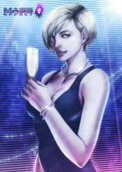 Rule 34 | 1girl, alternate costume, black dress, blonde hair, blue eyes, bracelet, breasts, champagne flute, champagne glass, cleavage, cocktail dress, commander shepard, commander shepard (female), cup, dress, drinking glass, jeanne virak, jewelry, large breasts, lips, lots of jewelry, mass effect (series), mass effect 1, neck ring, nose, short hair, smile, solo, swept bangs