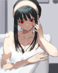 Rule 34 | 1girl, bad id, bad pixiv id, bare arms, bath, bathing, bathroom, bathtub, beehive hairdo, black hair, blood, blood on face, blush, breasts, cleavage, collarbone, completely nude, hairband, half-closed eyes, hand on own cheek, hand on own face, large breasts, looking at viewer, nude, oto1 030, partially submerged, red eyes, sidelocks, soap bubbles, solo, spy x family, upper body, wet, yor briar