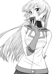 Rule 34 | 1girl, arm behind back, card, dress shirt, duel academy uniform (yu-gi-oh! gx), elbow gloves, fingerless gloves, floating hair, gloves, greyscale, highres, holding, holding card, long hair, looking at viewer, monochrome, rourou ill, shirt, sleeveless, sleeveless shirt, solo, standing, tenjouin asuka, upper body, very long hair, white background, yu-gi-oh!, yu-gi-oh! gx