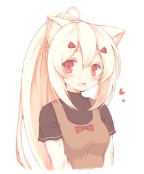 Rule 34 | 1girl, :d, alternate costume, animal ear fluff, animal ears, ayanami (azur lane), azur lane, black shirt, blouse, blush, bow, breasts, brown dress, cat ears, contemporary, cropped torso, dress, hair between eyes, hair ornament, hairclip, heart, highres, kemonomimi mode, layered sleeves, light brown hair, long hair, long sleeves, open mouth, ponytail, red bow, red eyes, sakurato ototo shizuku, shirt, short over long sleeves, short sleeves, simple background, sleeveless, sleeveless dress, small breasts, smile, solo, upper body, very long hair, white background