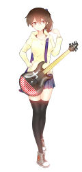 Rule 34 | 10s, 1girl, alternate costume, arm up, bad id, bad pixiv id, black thighhighs, brown eyes, brown hair, converse, full body, guitar, hair between eyes, hair bobbles, hair ornament, hand in pocket, highres, hood, hoodie, instrument, kaga (kancolle), kantai collection, kimio, looking to the side, pleated skirt, shoes, side ponytail, simple background, skirt, sneakers, solo, thighhighs, white background