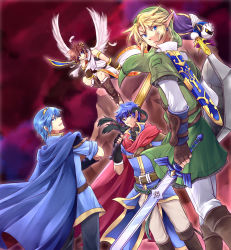 Rule 34 | 4boys, bracer, cape, fire emblem, fire emblem: new mystery of the emblem, fire emblem: path of radiance, firmicus, galaxia (sword), highres, holding, holding sword, holding weapon, ike (fire emblem), kaidou mitsuki, kid icarus, kirby (series), link, male focus, marth (fire emblem), meta knight, multiple boys, nintendo, pit (kid icarus), super smash bros., sword, the legend of zelda, weapon, wings