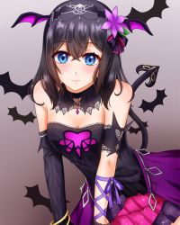 Rule 34 | 10s, 1girl, animal, armlet, bad id, bad pixiv id, bare shoulders, bat (animal), bat wings, black dress, black ribbon, blue eyes, blush, bracelet, breasts, cleavage, demon tail, detached collar, detached sleeves, dress, eyelashes, fake wings, flower, flying, frown, glint, hair flower, hair ornament, hair ribbon, hairband, head wings, highres, idolmaster, idolmaster cinderella girls, jewelry, long hair, looking at viewer, multicolored clothes, multicolored dress, pink dress, po deul, ribbon, sagisawa fumika, simple background, solo, sparkle, strapless, strapless dress, tail, wings