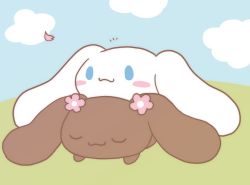 Rule 34 | 1boy, 1girl, androgynous, artist request, blue eyes, cinnamoroll, closed eyes, dog, flat color, furry, gender request, outdoors, sky, sleeping