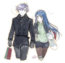 Rule 34 | 1boy, 1girl, bag, black hair, black jacket, blue hair, couple, eiyuu densetsu, falcom, feet out of frame, gloves, holding hands, interlocked fingers, jacket, laura s. arseid, long hair, long sleeves, looking at another, mishy, stuffed toy, rean schwarzer, sen no kiseki, shopping bag, simple background, spiked hair, standing, video game, white background, wolfyinthecity