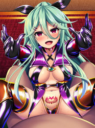 Rule 34 | 1boy, 1girl, alternate eye color, blush, breasts, corruption, covered erect nipples, cowgirl position, dark persona, elbow gloves, gloves, hair between eyes, hair ornament, heart, heart tattoo, hetero, kantai collection, large breasts, latex, latex gloves, latex legwear, long hair, looking at viewer, militia minpei, open mouth, pubic tattoo, red eyes, sex, straddling, sweatdrop, tattoo, thighhighs, yamakaze (kancolle)