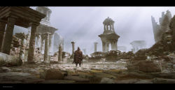 Rule 34 | 1boy, absurdres, concept art, highres, original, robe, ruins, scenery, staff, temple