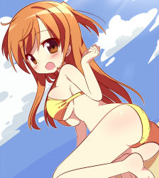 Rule 34 | 1girl, :d, arm support, bikini, blush, breasts, brown eyes, brown hair, cloud, day, kimoko, large breasts, long hair, looking at viewer, lying, on side, open mouth, original, sky, smile, solo, swimsuit, two side up, yellow bikini