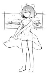 Rule 34 | 1girl, absurdres, ahoge, alternate costume, bare arms, bare legs, bare shoulders, barefoot, bow, cirno, clothes lift, collarbone, dress, dress lift, expressionless, flat chest, full body, greyscale, hair bow, highres, ice, ice wings, lifted by self, looking at viewer, monochrome, no panties, palm tree, see-through, short hair, sketch, solo, spaghetti strap, standing, strap slip, sundress, sunege (hp0715), touhou, tree, wings
