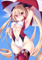 Rule 34 | 1girl, adapted costume, alternate costume, arm behind head, arm up, armpits, artist request, azur lane, bandeau, bare shoulders, black thighhighs, blonde hair, blush, breasts, checkered clothes, checkered legwear, cleavage, clenched teeth, commentary request, cowboy shot, day, grey thighhighs, hair between eyes, hair ribbon, high collar, highres, holding, holding umbrella, leotard, long hair, looking at viewer, medium breasts, midriff, navel, nelson (azur lane), outdoors, parted bangs, race queen, red eyes, red thighhighs, ribbon, solo, standing, stomach, teeth, thighhighs, thighs, twintails, umbrella, underboob, v-shaped eyebrows, very long hair, vocaloid