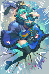 Rule 34 | 1girl, absurdres, alternate costume, alternate hair color, animal ears, black gloves, black thighhighs, braid, breasts, card, cleavage, dress, female focus, gloves, green hair, highres, izayoi sakuya, knife, large breasts, maid headdress, playing card, rabbit ears, red eyes, ribbon, short hair, solo, stopwatch, teffish, thighhighs, touhou, twin braids, watch, wrist cuffs
