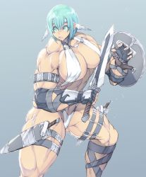 Rule 34 | 1girl, abs, absurdres, blue eyes, blue hair, breasts, copyright request, female focus, fingerless gloves, gloves, highres, jin-jin, large breasts, muscular, muscular female, shield, solo, sword, weapon