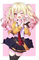 Rule 34 | 1girl, black skirt, black thighhighs, blonde hair, border, collarbone, eyelashes, gradient hair, heart, heart hands, highres, kimuouoo, long hair, multicolored hair, necktie, one eye closed, open mouth, pink hair, plaid, plaid skirt, project sekai, red eyes, red necktie, shirt tucked in, skirt, solo, striped, striped necktie, tenma saki, thighhighs, triangle, twintails, white border