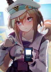 Rule 34 | 1girl, animal ears, blue eyes, blurry, blurry background, blush, breasts, brown hair, cheval grand (umamusume), closed mouth, collarbone, h11 n2, hair ornament, hat, headphones, highres, holding, horse ears, horse girl, horse tail, looking at viewer, medium breasts, medium hair, school uniform, solo, tail, tracen school uniform, umamusume