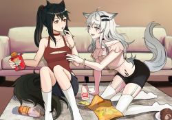 Rule 34 | 2girls, :d, absurdres, ahoge, animal ear fluff, animal ears, arknights, bangle, bare shoulders, black choker, black hair, black nails, black shorts, bottle, bracelet, breasts, brown shirt, cake, camisole, choker, cleavage, cleavage cutout, clothing cutout, collarbone, commentary request, couch, crop top, eye contact, feet out of frame, food, garter straps, grey eyes, grey hair, hair between eyes, hair ornament, hairclip, highres, holding, indoors, jewelry, kneeling, lappland (arknights), long hair, looking at another, medium breasts, midriff, multiple girls, nail polish, no shoes, off-shoulder shirt, off shoulder, open mouth, parted lips, plate, pocky, ponytail, red camisole, red choker, red eyes, scar, scar across eye, shirt, short shorts, shorts, smile, socks, swiss roll, tail, texas (arknights), thighhighs, very long hair, white legwear, zhouweibingfangze