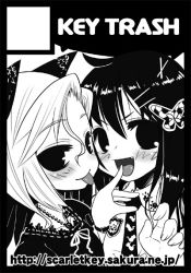 Rule 34 | 2girls, :d, :p, black border, black hair, border, butterfly hair ornament, circle cut, dress, english text, eyebrows, fang, finger to mouth, greyscale, hair ornament, hikagi tatsuhiko, key trash, looking at viewer, monochrome, multiple girls, necktie, open mouth, original, short hair, smile, text focus, tongue, tongue out, upper body