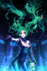 Rule 34 | 1girl, bodysuit, dj sona, female focus, green eyes, green hair, league of legends, long hair, looking at viewer, matching hair/eyes, shilin, smile, solo, sona (league of legends), twintails