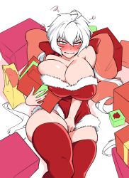 Rule 34 | 1girl, ahoge, alternate breast size, bare shoulders, blush, bow, box, breasts, camerata, christmas, cleavage, dress, fur trim, gift, gift bag, gift box, hair between eyes, hair bow, highres, huge breasts, long hair, looking at viewer, purple eyes, red bow, red dress, red thighhighs, santa dress, senki zesshou symphogear, solo, thick thighs, thighhighs, thighs, twintails, very long hair, white background, white hair, yukine chris