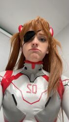Rule 34 | 1girl, blue eyes, bodysuit, brazilian (nationality), breasts, brown hair, cosplay, evangelion: 3.0+1.0 thrice upon a time, eyepatch, eyepatch lift, freckles, highres, interface headset, lips, looking at viewer, memepantazis, neon genesis evangelion, photo (medium), plugsuit, portrait, rebuild of evangelion, shiny clothes, solo, souryuu asuka langley, souryuu asuka langley (cosplay), standing, twintails, two side up, white bodysuit, wide hips