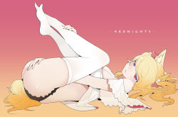 Rule 34 | 1girl, animal ears, arknights, ass, between legs, black panties, blonde hair, blush, bow, breasts, copyright name, dress, frilled panties, frills, gradient background, hair bow, hair ribbon, half-closed eyes, hand between legs, hand on own ass, hand on own leg, highres, knees up, looking at viewer, lying, medium breasts, on back, open mouth, orange background, panties, pantyhose, red background, red bow, red eyes, red ribbon, ribbon, shinnasuka025, simple background, solo, sora (arknights), tail, twintails, underwear, white dress, white pantyhose, wolf ears, wolf tail