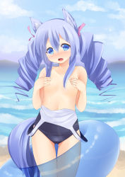 Rule 34 | absurdres, animal ears, beach, blue eyes, blue hair, blush, bow, covering breasts, covering privates, dog ears, dog tail, drill hair, fang, fictional persona, flat chest, hair bow, highres, innertube, long hair, nigo (aozoragarou), ocean, one-piece swimsuit, open mouth, original, school swimsuit, self-portrait, smile, swim ring, swimsuit, tail, twin drills, twintails, undressing