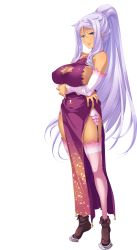 Rule 34 | 1girl, absurdres, bare shoulders, blue eyes, boots, breasts, china dress, chinese clothes, crossed arms, dark skin, dark-skinned female, detached sleeves, dress, full body, garter belt, garter straps, highres, hikage eiji, koihime musou, kougai, large breasts, light purple hair, lipstick, long hair, looking at viewer, makeup, mole, mole under mouth, official art, ponytail, smile, solo, standing, thighhighs, transparent background, very long hair