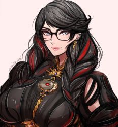 Rule 34 | 1girl, bayonetta, bayonetta (series), bayonetta 3, black-framed eyewear, black bodysuit, black hair, bodysuit, braid, breasts, closed mouth, clothing cutout, commentary, crescent, earrings, english commentary, eyeshadow, glasses, grey eyes, highres, jewelry, large breasts, lips, lipstick, long hair, looking at viewer, makeup, mole, mole under mouth, multicolored hair, omiza somi, pink lips, red hair, signature, simple background, smile, solo, streaked hair, swept bangs, twin braids, twintails, two-tone hair, upper body