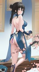 Rule 34 | 1girl, absurdres, ass, back, backless dress, backless outfit, bare back, bare shoulders, bead necklace, beads, black hair, blue footwear, blue gloves, blush, breasts, cherry blossoms, critter pick (honkai: star rail), detached collar, dress, foot out of frame, from behind, from side, fuying sanbing, gloves, gradient background, hair between eyes, hair bun, half updo, hand fan, high heels, highres, holding, holding fan, honkai: star rail, honkai (series), jewelry, large breasts, leg up, looking at viewer, looking back, median furrow, medium hair, necklace, no panties, paper fan, parted lips, ruan mei (honkai: star rail), ruan mei (lambda&#039;s friend) (honkai: star rail), sidelocks, solo, strapless, strapless dress, thigh strap, uchiwa