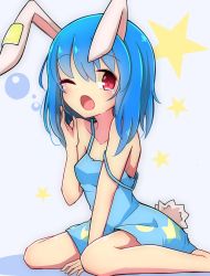 Rule 34 | 1girl, absurdres, animal ears, between legs, blue hair, blush, hand between legs, highres, inon, looking at viewer, one eye closed, open mouth, rabbit ears, rabbit tail, red eyes, seiran (touhou), sitting, solo, star (symbol), strap slip, tail, tears, touhou, wariza, yawning