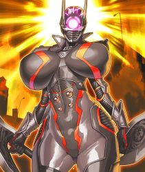 Rule 34 | 00s, 1girl, armor, breasts, breasts apart, brunhild (taimanin asagi battle arena), city, curvy, dual wielding, female focus, full armor, highres, holding, holding weapon, huge breasts, impossible clothes, lilith-soft, obui, shiny clothes, simple background, sky, solo, standing, taimanin (series), taimanin asagi, taimanin asagi kessen arena, thighs, weapon