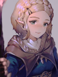 Rule 34 | 1girl, aqua eyes, blonde hair, blood, blurry, blurry foreground, braid, brown cape, cape, closed mouth, commentary request, crown braid, depth of field, fingerless gloves, forehead, gloves, grey background, hair ornament, hairclip, hisahisahisahisa, holding, looking at viewer, nintendo, pointy ears, princess zelda, short hair, sidelocks, simple background, smile, solo, the legend of zelda, the legend of zelda: breath of the wild, the legend of zelda: tears of the kingdom, thick eyebrows, torch, triforce, upper body