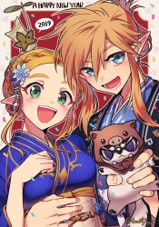 Rule 34 | 1boy, 1girl, 2019, :d, alternate costume, alternate hairstyle, arm around waist, blonde hair, blue eyes, blue flower, blue kimono, blush, braid, breasts, confetti, creature, crown braid, earrings, flower, forehead, green eyes, hair flower, hair ornament, hand on own chest, happy new year, heart, highres, holding, japanese clothes, jewelry, kimono, korok, link, long sleeves, looking at viewer, loz 017, medium breasts, new year, nintendo, open mouth, pointy ears, princess zelda, sidelocks, silent princess, smile, teeth, the legend of zelda, the legend of zelda: breath of the wild, thick eyebrows, twitter username, upper body, upper teeth only, yukata