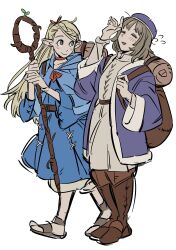 Rule 34 | 2girls, backpack, bad feet, bag, bedroll, blonde hair, blue cape, blue dress, boots, brown footwear, brown hair, cape, closed eyes, coat, commentary, dress, dungeon meshi, falin touden, flying sweatdrops, ggooww7, green eyes, hat, highres, holding, holding staff, hood, hooded cape, leaning back, long hair, looking at viewer, marcille donato, multiple girls, parted lips, pointy ears, ponytail, purple coat, purple hat, sandals, short hair, simple background, sketch, smile, staff, symbol-only commentary, white background, white dress