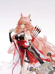 Rule 34 | 1girl, animal ear fluff, animal ears, arknights, arrow (projectile), asymmetrical gloves, bare shoulders, bikini, bikini top only, black bikini, black gloves, bow (weapon), breasts, cleavage, closed mouth, crossbow, elbow gloves, fingerless gloves, gloves, hair intakes, high-waist skirt, holding, holding crossbow, holding weapon, large breasts, leg up, letter, long hair, looking at viewer, love letter, mismatched gloves, ombre t, pink hair, pozyomka (arknights), quiver, red eyes, red skirt, simple background, skirt, smile, solo, standing, standing on one leg, swimsuit, very long hair, weapon, white background, wolf ears