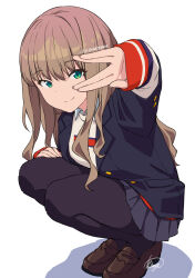 Rule 34 | 1girl, absurdres, asanaya, black jacket, black pantyhose, blazer, brown footwear, closed mouth, green eyes, gridman universe, highres, jacket, light brown hair, loafers, long hair, long sleeves, looking at viewer, minami yume, pantyhose, school uniform, shadow, shoes, signature, simple background, smile, solo, squatting, ssss.dynazenon, sweater, white background, white sweater
