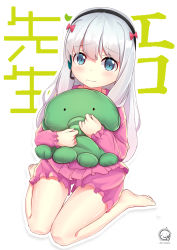 Rule 34 | 10s, 1girl, artist name, barefoot, blush, bow, closed mouth, copyright name, dated, eromanga sensei, frills, haeadset, hair bow, headphones, izumi sagiri, long hair, long sleeves, looking at viewer, middle finger, hugging object, pajamas, pink bow, silver hair, sitting, solo, stuffed animal, stuffed octopus, stuffed toy, tareme, tears, thighs, violetsang, wariza, wavy mouth