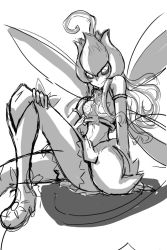 Rule 34 | 1girl, artist request, bandai, digimon, dress, fairy, fairy wings, female focus, flying, lilimon, looking at viewer, monochrome, sitting, smile, wings