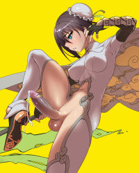 Rule 34 | 1girl, absurdres, ankle boots, arm up, boots, breasts, bun cover, cape, covered erect nipples, covered navel, cum, double bun, ejaculation, erection, fate/grand order, fate (series), fighting stance, fingerless gloves, from below, from side, full-package futanari, futanari, gloves, green eyes, handsfree ejaculation, highres, large penis, leg lift, medium breasts, open mouth, penis, pinky out, polearm, qin liangyu (fate), short hair, skin tight, solo, spear, standing, standing on one leg, thighs, tomoyuki kotani, uncensored, weapon, yellow background