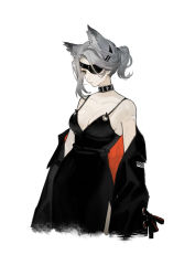 Rule 34 | 1girl, absurdres, alternate costume, animal ear fluff, animal ears, arknights, bare shoulders, black dress, black jacket, breasts, brown eyes, cleavage, closed mouth, collar, collarbone, covered eyes, cropped legs, dress, eyepatch, five-fall, grey hair, highres, jacket, looking away, looking down, off shoulder, open clothes, open jacket, pelvic curtain, photoshop (medium), quartz (arknights), short hair, short ponytail, simple background, solo, white background, wolf ears
