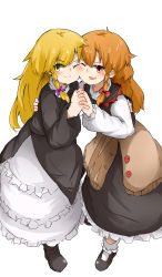 Rule 34 | 2girls, absurdres, azusa (cookie), black coat, black skirt, black vest, blonde hair, blush, bow, braid, brown eyes, cheek-to-cheek, closed mouth, coat, commentary request, cookie (touhou), frilled skirt, frills, full body, heads together, highres, holding hands, interlocked fingers, kirisame marisa, light brown hair, long hair, long sleeves, looking at viewer, multiple girls, no headwear, purple bow, red bow, rei (cookie), shirt, side braid, simple background, single braid, skirt, smile, split mouth, touhou, turtleneck, vest, white background, white shirt, yellow eyes, yumekamaborosh