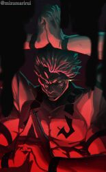 Rule 34 | 1boy, absurdres, artist name, black nails, body markings, extra arms, extra eyes, hand gesture, highres, jujutsu kaisen, red theme, ryoumen sukuna (jujutsu kaisen), ryoumen sukuna (true form) (jujutsu kaisen), shuijulei, solo, tattoo, upper body