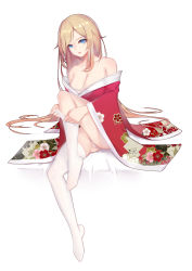 Rule 34 | 1girl, bare shoulders, bed sheet, blonde hair, blue eyes, breasts, character request, cleavage, collarbone, commentary request, floral print, full body, head tilt, highres, japanese clothes, kimono, knee up, large breasts, liu lan, long hair, long sleeves, looking at viewer, no bra, off shoulder, open mouth, panties, parted bangs, print kimono, red kimono, shiny skin, simple background, sitting, solo, thighhighs, underwear, undressing, very long hair, white background, white panties, white thighhighs, wide sleeves