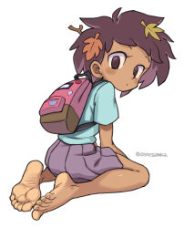Rule 34 | absurdres, amphibia, anne boonchuy, artist name, backpack, bag, bare legs, barefoot, blue shirt, closed mouth, feet, from behind, full body, hair ornament, hair stick, highres, leaf hair ornament, looking at viewer, looking back, oyatsu (mk2), purple eyes, purple hair, purple skirt, seiza, shirt, short sleeves, simple background, sitting, skirt, soles, toenails, toes, white background