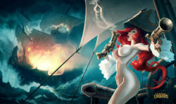 Rule 34 | ass, blue eyes, breasts, gun, hat, league of legends, long hair, nipples, nude, nude filter, open mouth, pirate, rain, red hair, miss fortune (league of legends), ship, third-party edit, watercraft, weapon